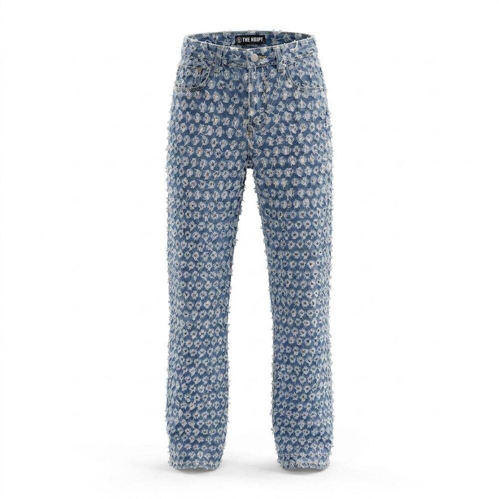 The Kript Blue Floral Pattern Frayed Waist Straight Leg Jeans Women Size S